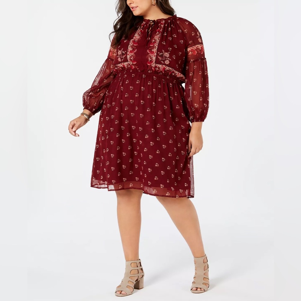 Lucky Brand Wine Floral Midi Babydoll Dress